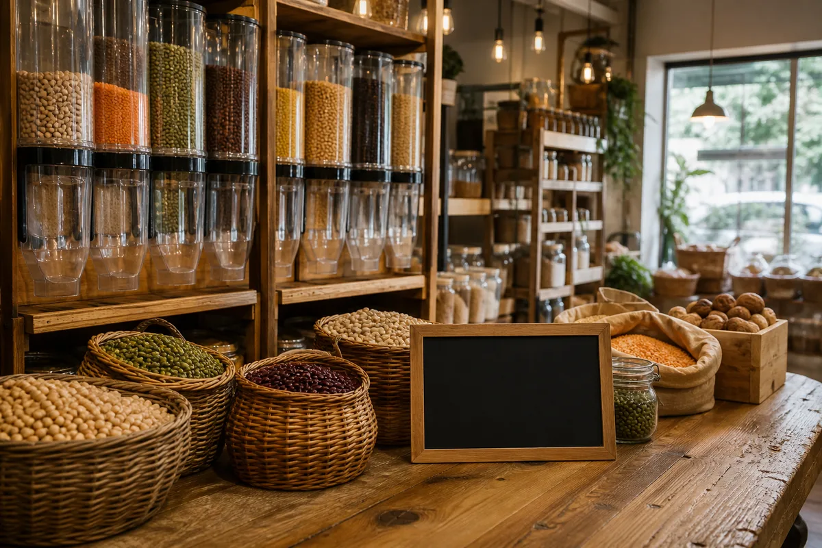 Ardoise et présentoir de produits vendus en vrac chez un commerçant