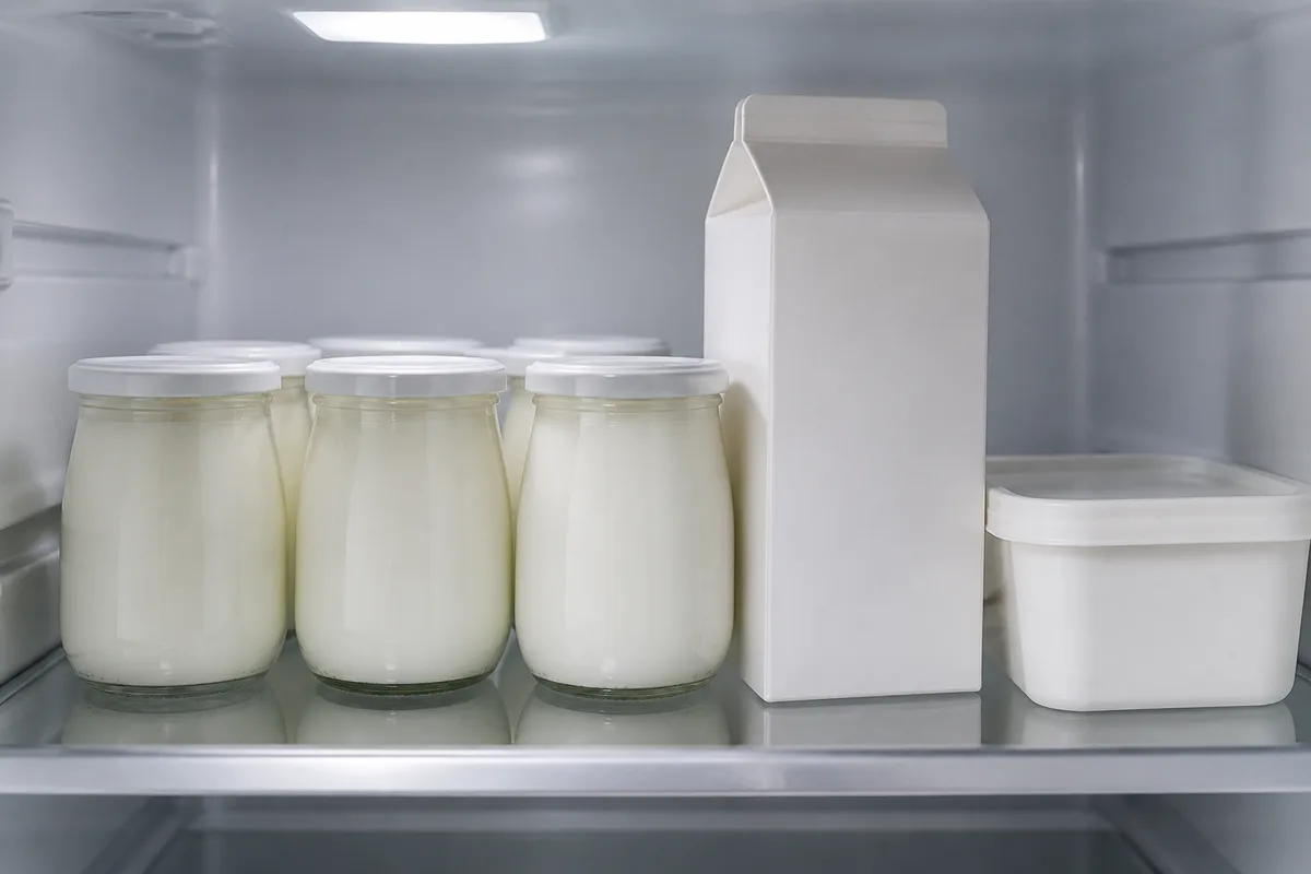 Yaourts et produits frais rangés dans un réfrigérateur domestique